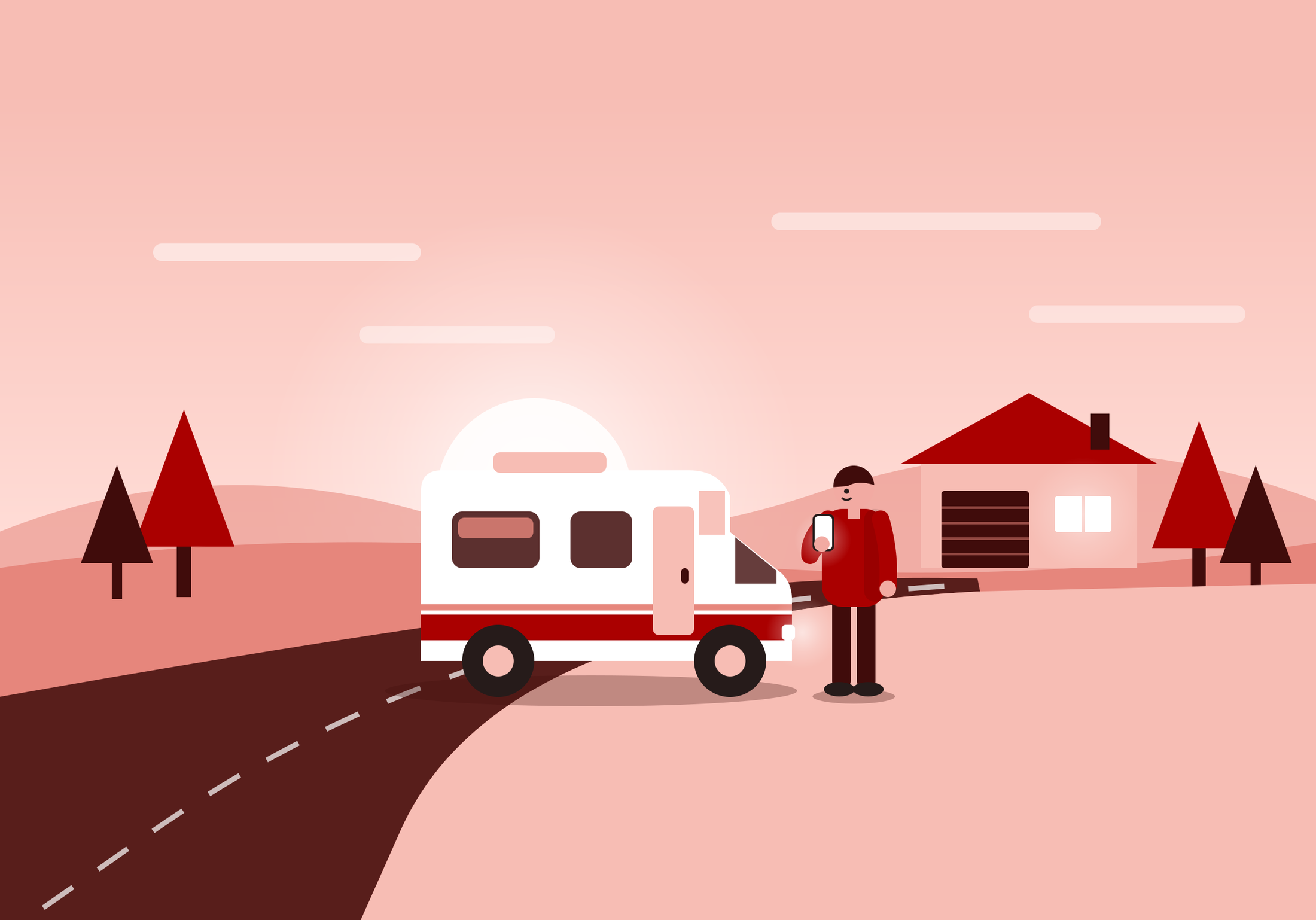 Tecknad illustration av en husbil på en landsväg i kvällsljus, en person med telefon och en verkstad i bakgrunden, i röda toner.