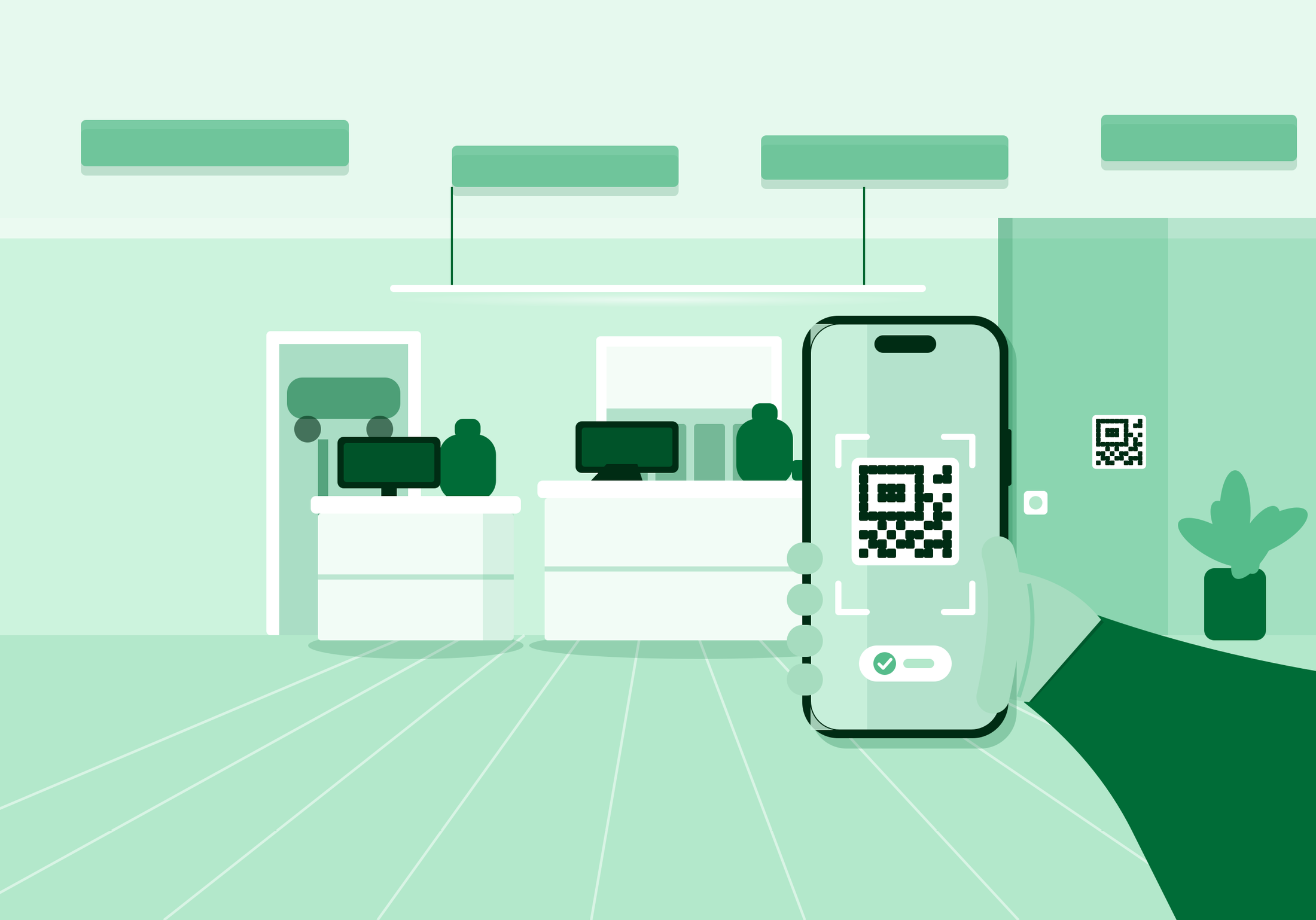 Tecknad illustration av en hand som skannar en QR-kod med en iPhone i en lugn reception med två skrivbord, i gröna toner.