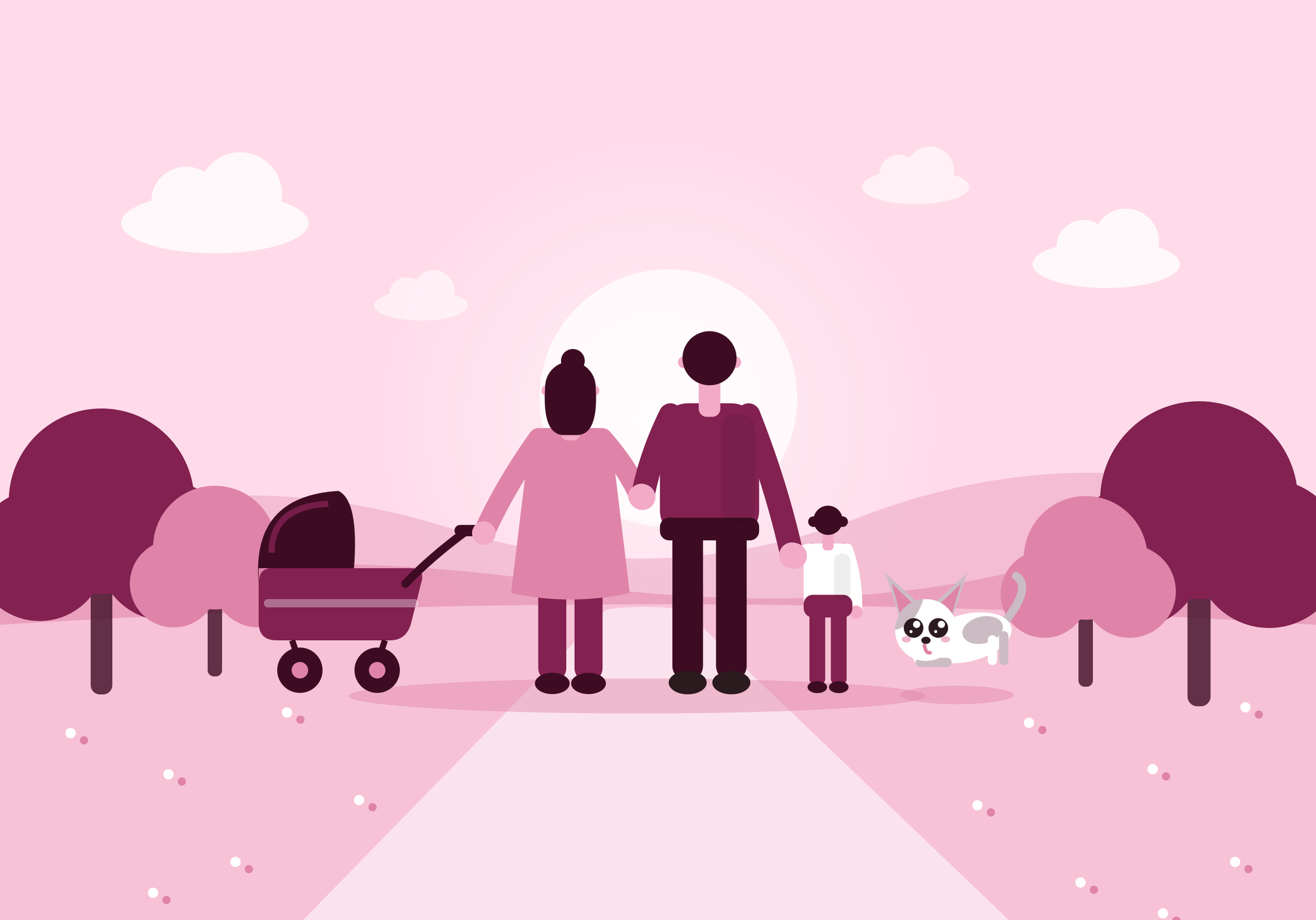 Tecknad illustration av en familj bakifrån på en parkstig i solnedgång, med barnvagn, ett litet barn och en lekfull hund, i toner av mörkrosa.